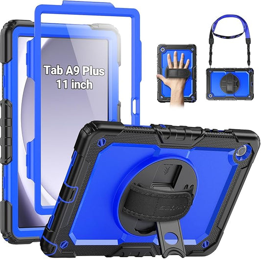 SEYMAC Case for Samsung Galaxy Tab A9+/ A9 Plus 11" (SM-X210/X216/X218), Heavy Duty Shockproof Protective Case with Screen Protector, Rotating Stand, Hand/Shoulder Strap and Pen Holder, Blue