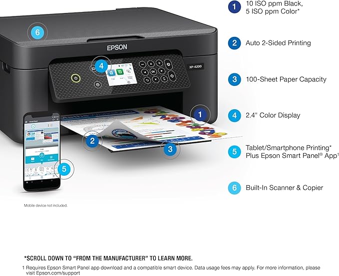 Epson Expression Home XP-4200 Wireless Color All-in-One Printer with Scan, Copy, Automatic 2-Sided Printing, Borderless Photos and 2.4" Color Display,Black
