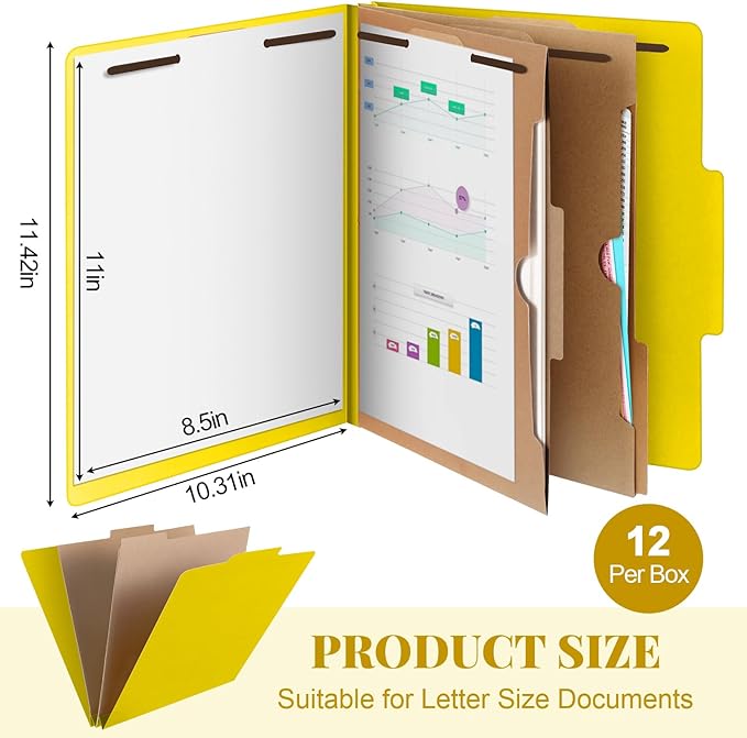 Skyygemm 12 Pcs Classification Folders Letter Size, 2 Pocket Dividers Pressboard File Folder with Fasteners, Expanding File Organizer Bulk for Teachers, Clergy, Office, Church, Christmas (Yellow)