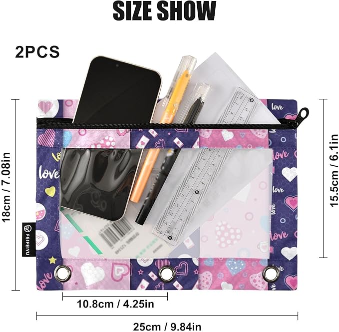 ZAZYXTJ Personalized Heart Binder Pencil Pouchs 3 Ring with Zipper Clear Window Office Organizers bag for School Students Teacher Supplies 2 Pack