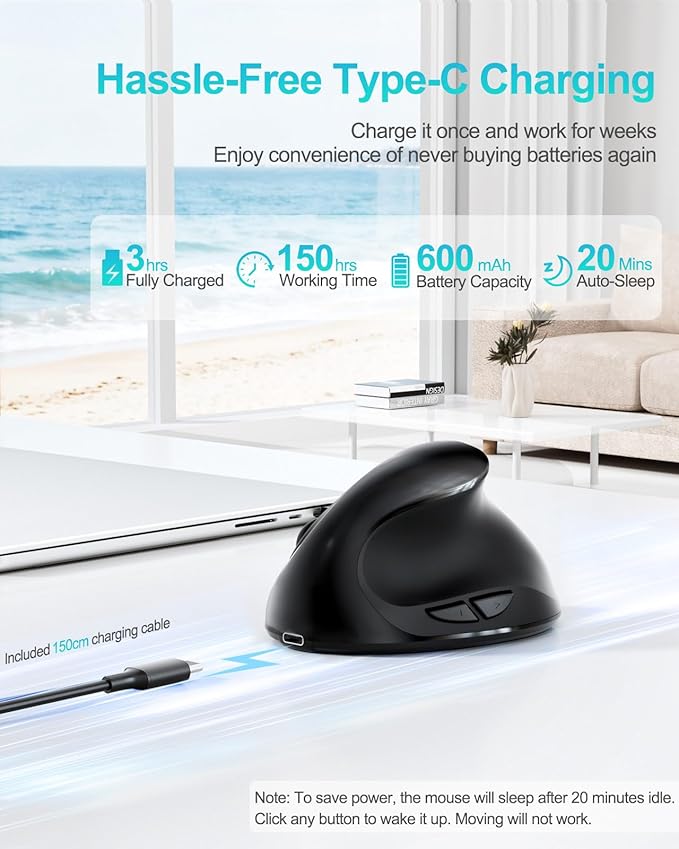 Lekvey Ergonomic Mouse, Vertical Wireless Mouse for Small/Medium Hands, Rechargeable with USB Receiver, 3 DPI for Comfort, Relieves Wrist Pain, Carpal Tunnel Mouse for Laptop, PC, Computer, Mac, Black