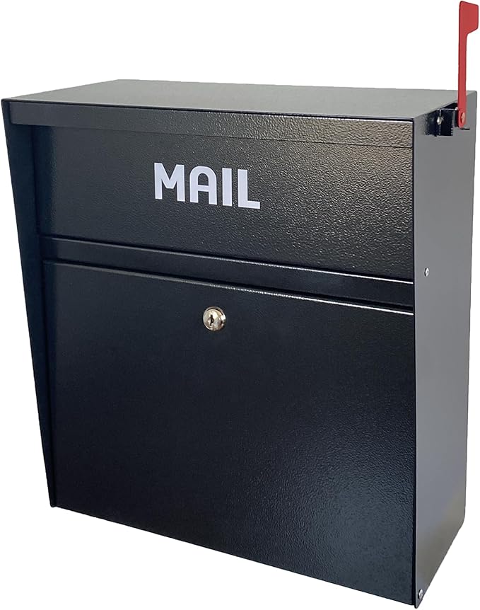 Rainproof Wall Mount Mailbox with Outgoing Mail Flag, Locking Security Galvanized Steel Drop Box for Residential & Commercial Use, Heavy Duty Payment Collection Box, Black