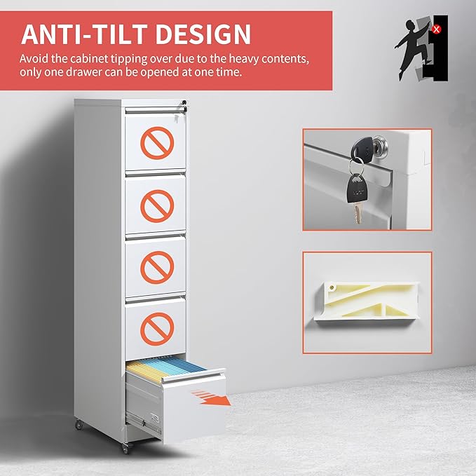 5 Drawer File Cabinet with Wheels,Metal Mobile Filing Cabinets with Lock,Vertical File Cabinet for Home Office,Heavy Duty Storage Cabinet for A4/Letter/Legal Size File,Assembly Required