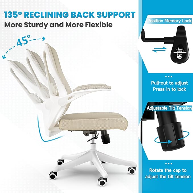 Mesh Office Computer Desk Managerial Executive Chair, Ergonomic High Back Comfy Swivel Gaming Home Chairs with Wheels, Comfortable Lumbar Support, Comfy Arms for Study,Home,Bedroom（Khaki）