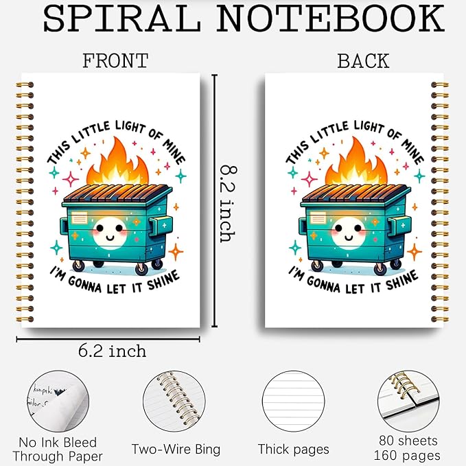 Dumpster Gift Notebooks, Funny Dumpster This Little Light of Mine I'm Gonna Let It Shine Notebook Journal, Funny Office Gifts for Coworkers, Spiral Notebook 5.5x8.3 Inches