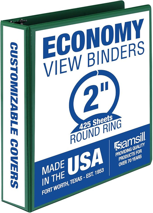 Samsill 2 Inch 3 Ring Binder, Made in USA, Economy Round Ring, Clear View Cover, 425 Sheet Capacity - for School, Home, Office - Forest Green