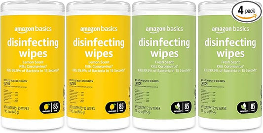 Amazon Basics Wipes, Lemon & Fresh Scent, Sanitizes/Cleans/Deodorizes, 340 Count (4 Packs of 85)