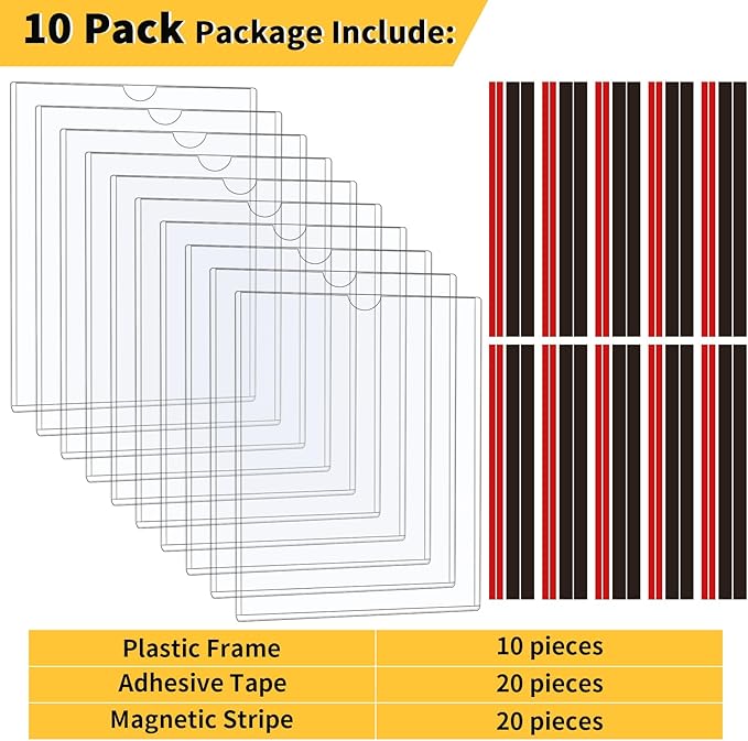10 pack Magnetic Sign Holder 8.5 x 11 Wall Mount | Adhesive Document Frame for Posters, Menus, Notices | Rigid Plastic Sheet Protector with Strong Magnet Strips & Adhesive Tape | for Office Door, Retail Glass, Metal Surfaces