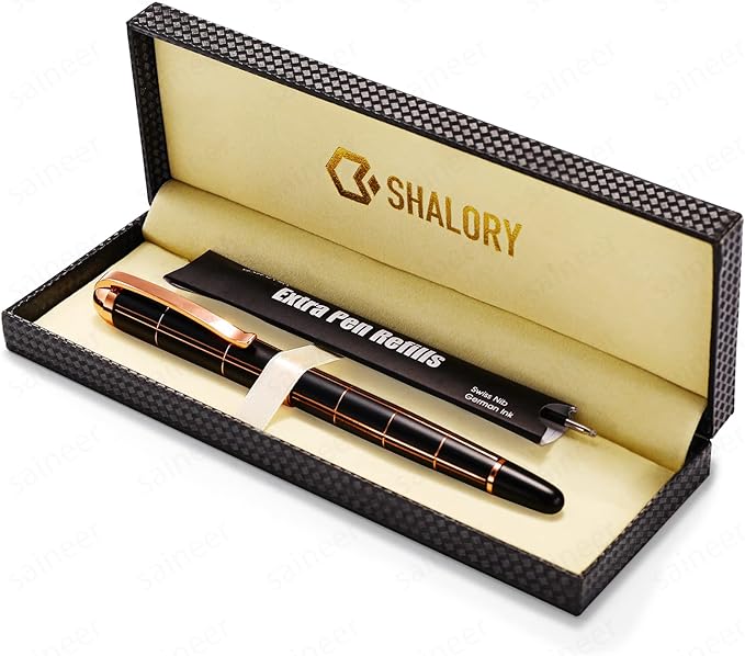 Rose Gold Gel Ink Rollerball Pen-Geometric Stripe Style Copper Grip Metal Pens in Gift Box with 1 Extra Refill,Christmas gift for Women &Men (Black Ink, 0.7mm Fine Point)