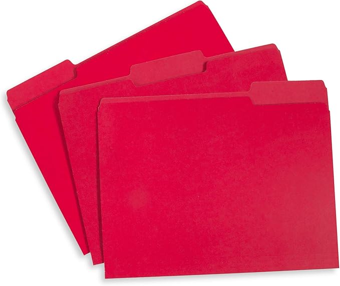 File Folder, 1/3 Cut Tab, Letter Size, Red, Great for Organizing and Easy File Storage, 100 Per Box