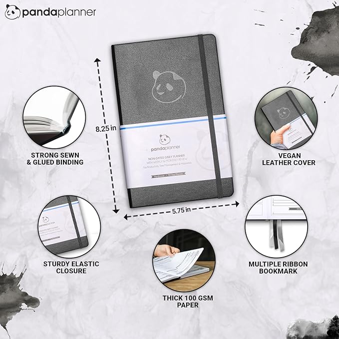 Panda Planner Classic A5 Daily Planner 2026 – Undated Quarterly & Productivity Planner with Hourly Schedule, To Do List, Daily Journal, Goal Planner, Habit Tracker & Gratitude Organizer – Black