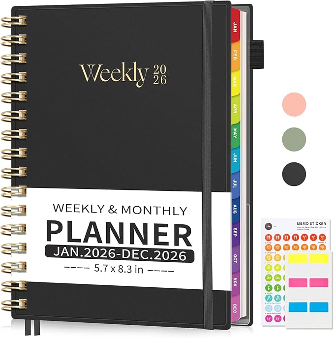 EMSHOI 2026 Planner - Weekly and Monthly Calendar (Jan-Dec), A5 (5.7"x8.3") Hardcover, 100GSM Thick Paper, PVC Cover, Inner Pocket, Colorful Tabs, Note Pages for Work School Home, Black