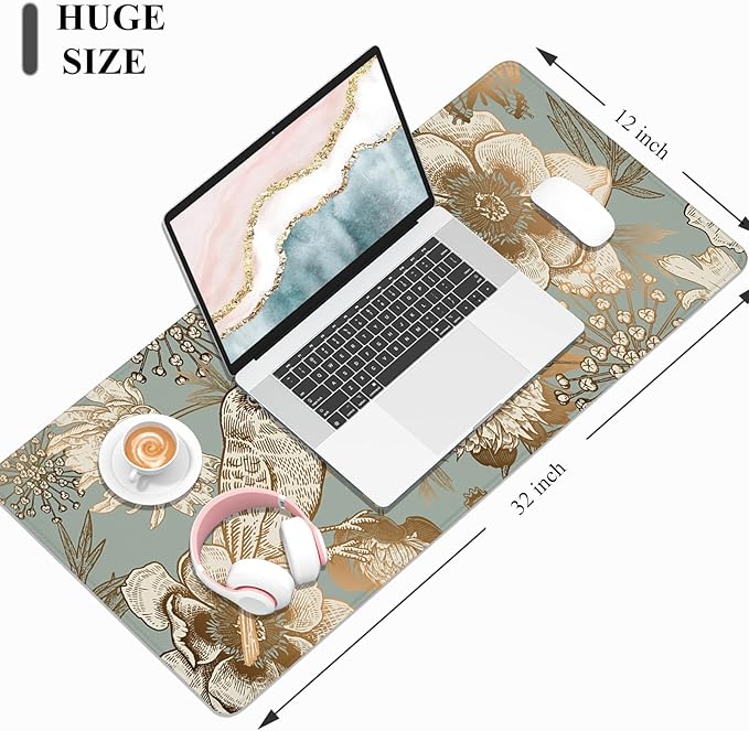 Desk Mat, 32" x 12" XXL Extended Large Gaming Mouse Pad, Desktop Decor Desk Pad, Cute Men Women Office Supplies and Accessories, XL Mouse Mat for Laptop & Keyboard, Retro Flower and Bird