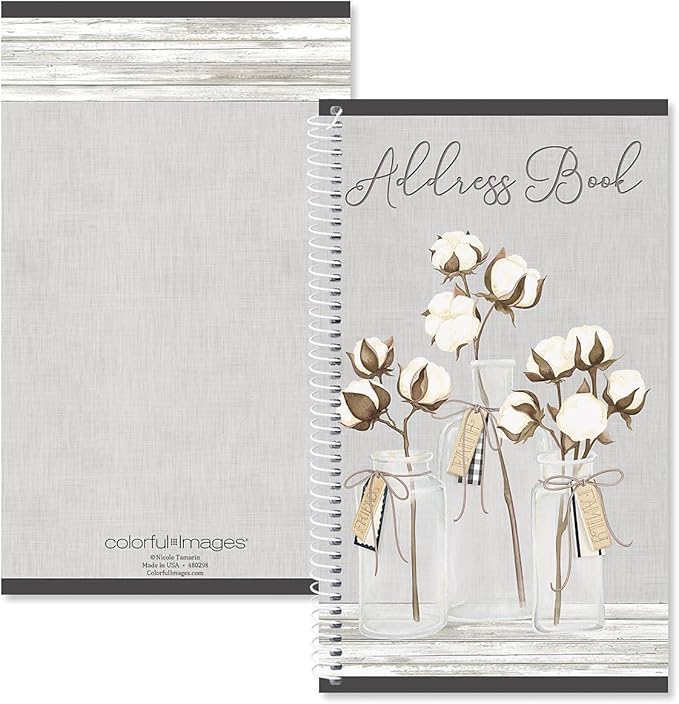 Current Farmhouse Bolls Address Book - 94 Pages; Small 5" x 8-1/2" Size for Purse or Office, Spiral Bound Soft Cover Organizer for Contacts, Addresses, Email, & Phone Numbers + 50 Replacement Stickers