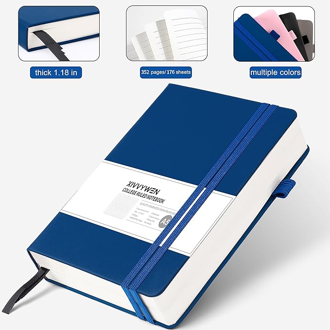 Lined Journal Notebook for Women Men, 352 Pages A5(5.7" x 8.3")College Ruled Hardcover Leather Journals for Writing, Daily Journal Notebooks for Work, Note Taking, Travel, School, Business (Navy blue)