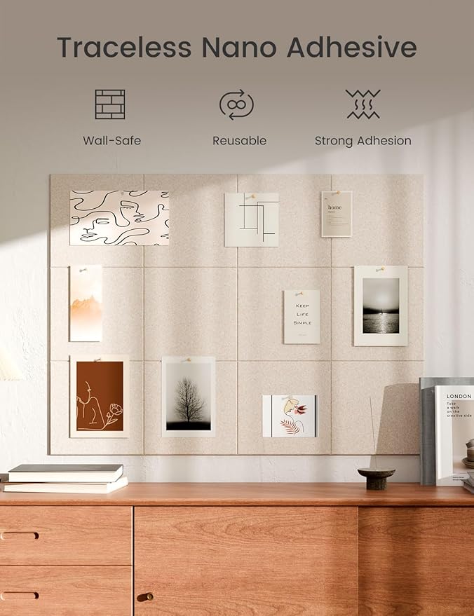 Bumusty Large Cork Board 47"x35" Alternative - 12 Pack Felt Wall Tiles with 70 Safe Removable Adhesive Tabs, 30 Pushpins, Cork Boards for Walls Pin Board Bulletin Board Office Decor (Oatmeal)