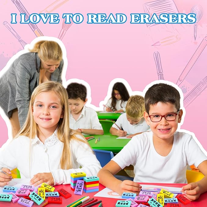 200 Pcs Inspirational Erasers for Kids Back to School Gifts I Love to Read Small Colorful Pencil Erasers for Students Classroom Cute Motivational Gift for Drawing School Office Supplies