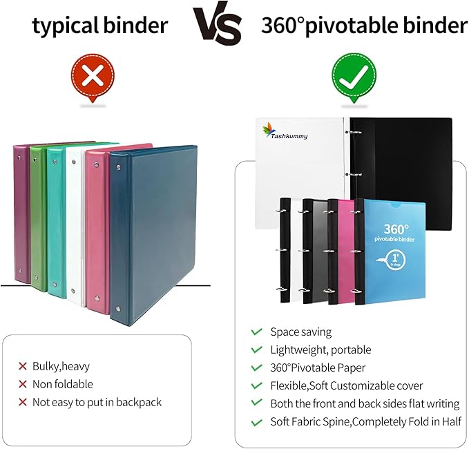 360 Degree Pivotable Binder, Upgraded 3 Ring Binder 1 inch, Flexible Binders 3 Ring, Foldable Three Ring Binders- White