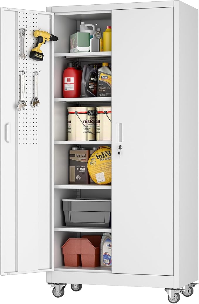 Aobabo Metal Storage Cabinet with Wheels,Heavy Duty Office Storage Cabinet with Lock,Steel Cabinet with 2 Doors and 5 Adjustable Shelves for Office Home School Storage,Required-Assembly White