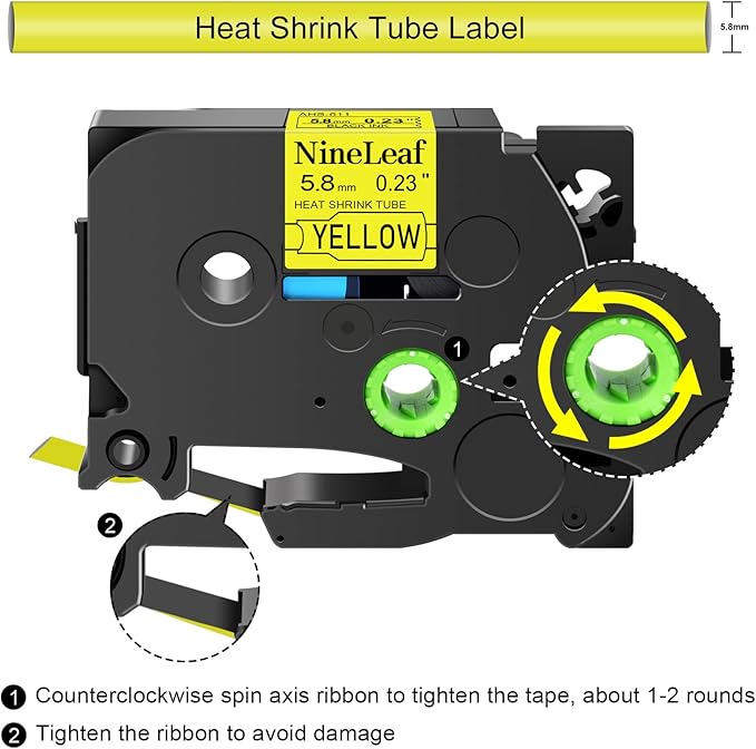 NineLeaf 2 Roll Black on Yellow Heat Shrink Tubes Label Tape Compatible for Brother Ptouch HSe-611 HSe611 HS611 HS-611 for P-Touch PT1180 PTD400 PTD600 Label Maker - 5.8mm (0.23inch) x 1.5m (4.92ft)