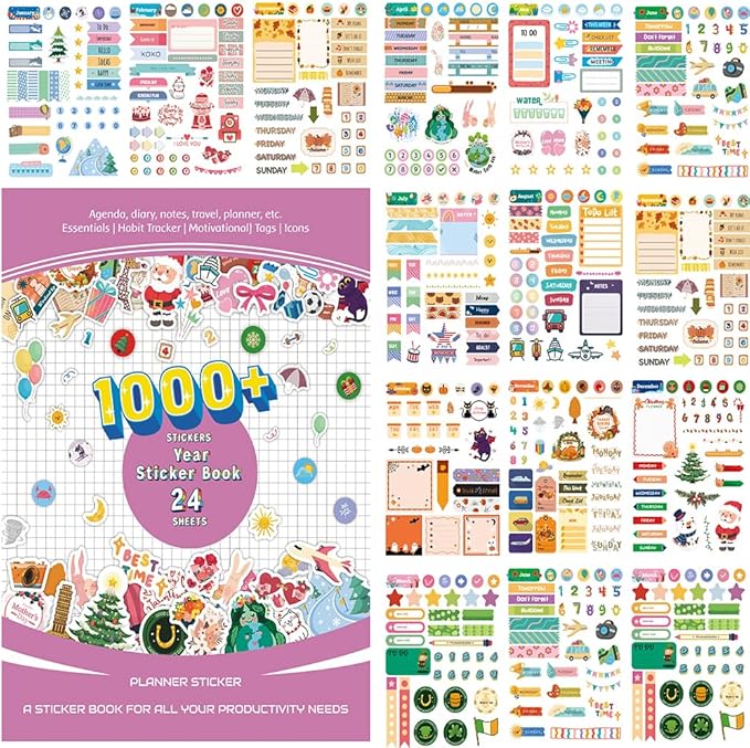1700+ Planner Stickers Book, 24 Sheets Waterproof Repositionable Stickers for Journal, Bullet Planner, Scrapbook & Calendar, Functional Decorative Sticker Set & Gift (Colorful Theme)