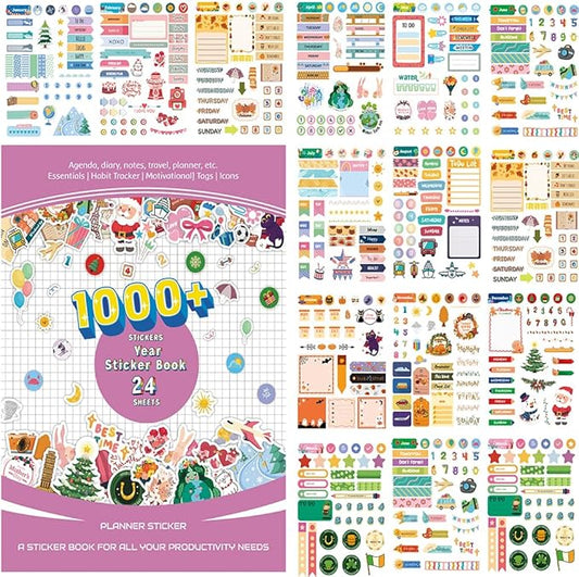 1700+ Planner Stickers Book, 24 Sheets Waterproof Repositionable Stickers for Journal, Bullet Planner, Scrapbook & Calendar, Functional Decorative Sticker Set & Gift (Colorful Theme)