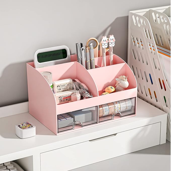 Desk Organizer with 6 Compartments and 2 Drawers, Plastic Makeup Organizer, Pen Holder for Desktop Storage, Desk Organization for School, Home, Office Supplies (Pink)