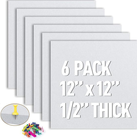 AKTOP White Cork Bulletin Board 12x12, 1/2" Thick Felt Cork Board Tiles 6 Pack, Small Square Pin Board for Wall, Self Adhesive Corkboards with 60 Push Pin Wood Clips for School, Home & Office