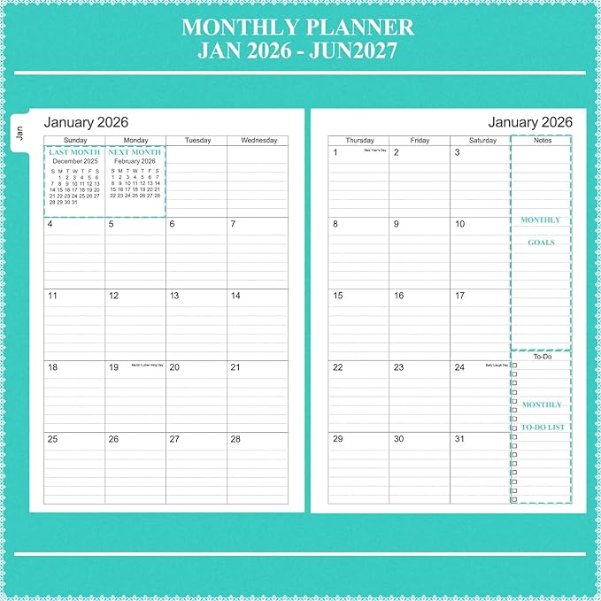 Tiankool Planner 2026-2027 - Jan 2026-Jun 2027 Weekly Monthly Planner with 18 Monthly Tabs, Elastic Closure, Inner Pocket, Round Corner,5.8" x 8.25"- Turquoise