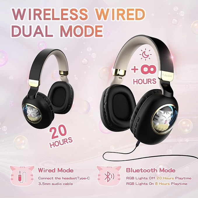 Kids Bluetooth Headphones - Light Up Cat Over Ear Kids Wireless Noise Cancelling Headphones with Microphone for Kids for School Gaming Headset Headphones for IPad Kindle Tablet PC Travel (Black Gold)
