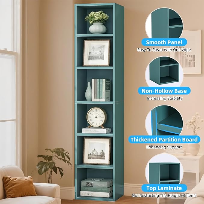 70.9" Wooden Bookshelf, 6-Tier Bookshelf with Open Storage, Corner Bookcase, Display Shelf for Bedroom and Living Room Offices, Blue