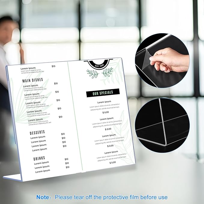 12 Pack L Shape Slanted Back 11x8.5 Plastic Sign Holders with Anti-Slip Pads, Business & Store Acrylic Tabletop Display Stand for Flyers, Menus, Documents, Price, Promotions, Wedding, Party Decoration