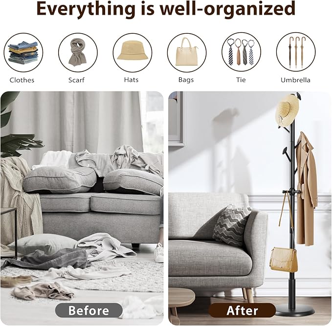 Solid Wood Coat Rack Freestanding Coat Tree with 10 Hooks for Bedroom, Livingroom, Entryway, Sturdy Coat Hanger Stand for Hats, Coats, Scarves, Handbags, Purses