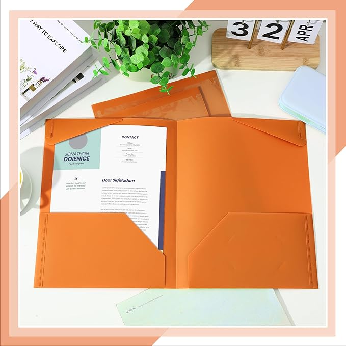 Henoyso 36 Pcs Plastic Folders with Clear Front Pockets Heavy Duty File Folders with 2 Pockets and Card Slot for Student Communication School Office Presentation Report (Orange)