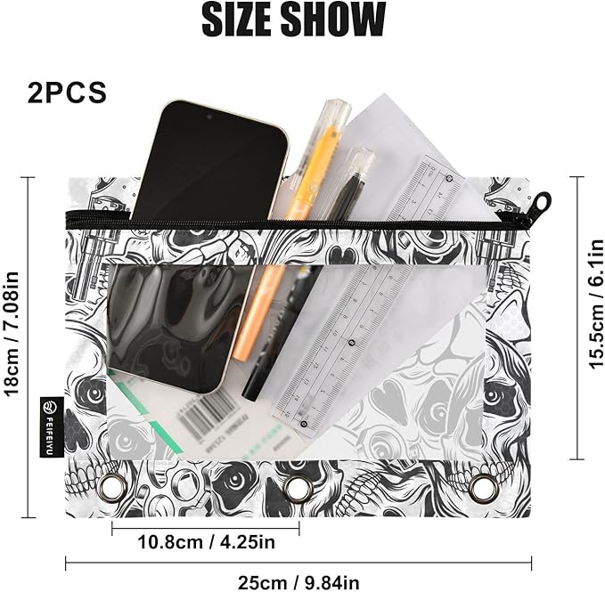 ZAZYXTJ Skeletons Skull Binder Pencil Pouchs 3 Ring with Zipper Clear Window Office Organizers bag for School Students Teacher Supplies 2 Pack