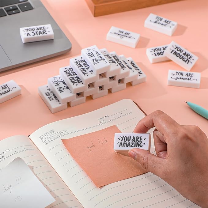 PerKoop 200 Pcs Back to School Inspirational Small Pencil Erasers Bulk for Kids, White Cute Fun Motivational Erasers Gifts for Teachers Students Classroom Reward First Day of School Supplies