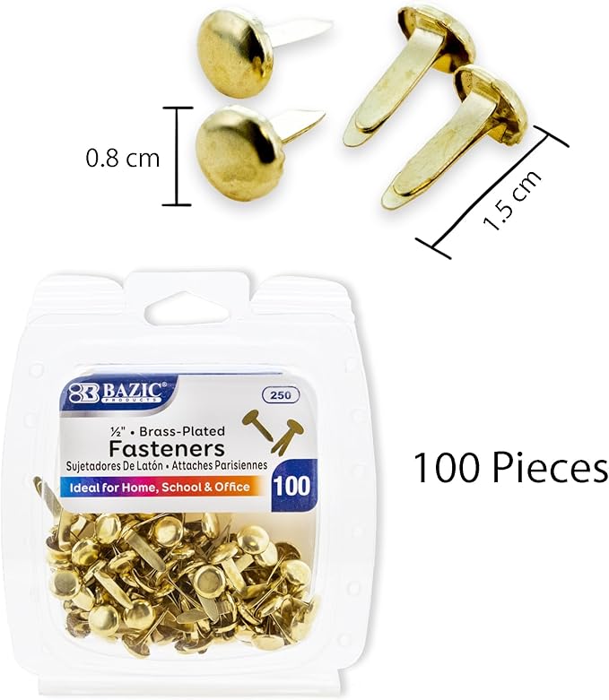 BAZIC Products Brass Plated Fasteners 1/2 Inch, Round Head Paper Fastener Brads for Office School Organization Scrapbooking Art and Crafts (100/Pack), 1-Pack