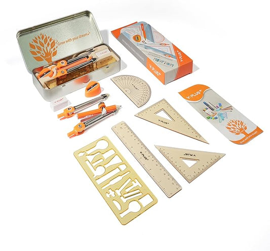 YPLUS Geometry Set for Students, Math Protractor Compass, Box of Protactors Kit for Class Supplies and School Kids Toddler - 11 Pcs