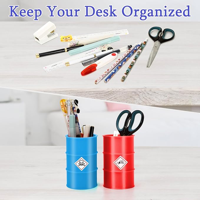 2 Pack Pen Holder for Desk, Creative Industrial Drum Barrel Pencil Holder, Cute Pencil Cup with 8 Fun Stickers, Chic Office Decor Desk Organizer- Blue & Red