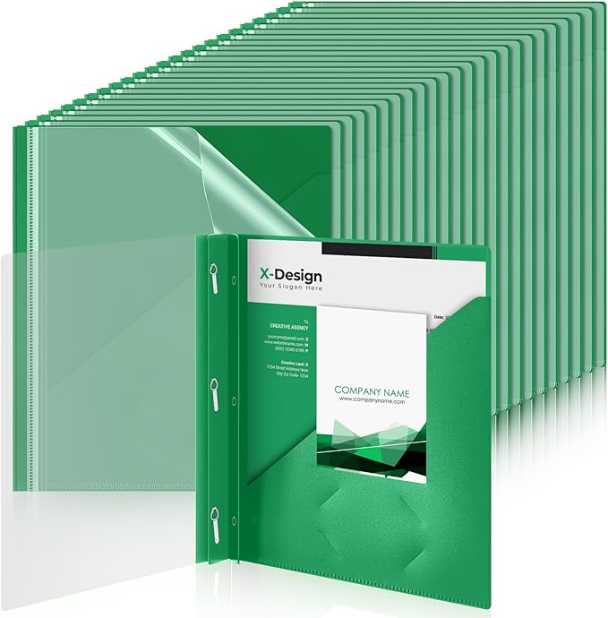 Teling 48 Pcs Clear Front Report Covers with 3 Prongs Fasteners, 11.42 x 9.45 Inch Plastic Book File Covers 90 Sheet Capacity, Presentation Folder with Green Back Cover for Office Business