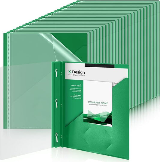 Teling 48 Pcs Clear Front Report Covers with 3 Prongs Fasteners, 11.42 x 9.45 Inch Plastic Book File Covers 90 Sheet Capacity, Presentation Folder with Green Back Cover for Office Business