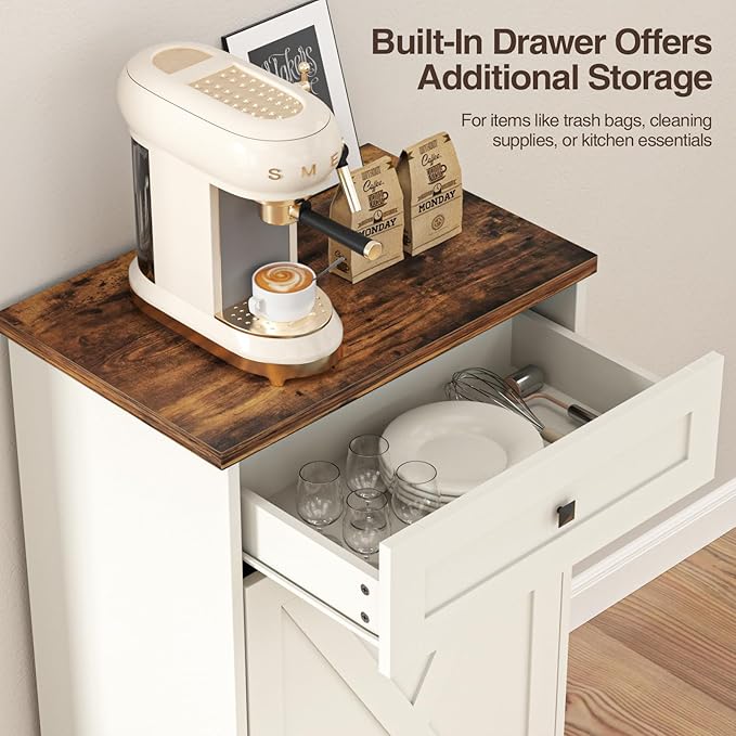 Tilt Out Trash Can, Farmhouse Kitchen Trash Cabinet w/Negative Ion, Dog Proof 10 Gallon Garbage Can for Kitchen, Bathroom, Living Room, White