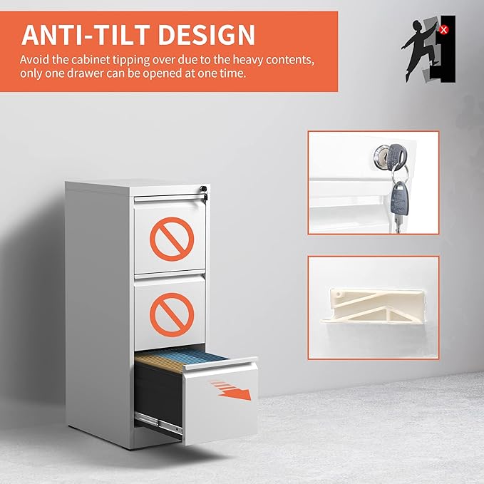 3 Drawer File Cabinet with Lock,Metal Filing Cabinets for Home Office,Steel Vertical File Cabinet,Heavy Duty Metal Storage Cabinet for A4/Letter/Legal Size Files,Assembly Required
