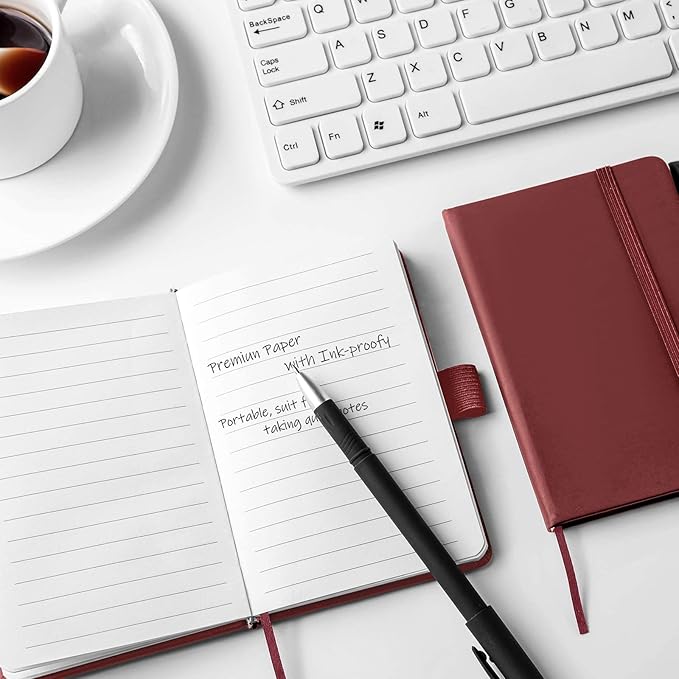 Laumoi Pocket Notebook Journals with Pens A6 Cute Small Journal Notebook Ruled Lined Mini Notepad Hardcover Executive Notebooks Set with Pen Holder for School Office, 3.7 x 5.7 Inch (Burgundy)