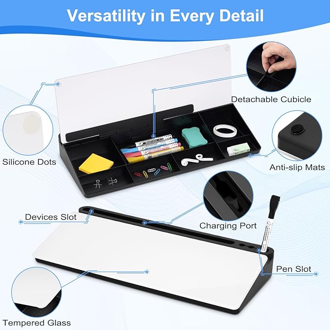 Desktop Glass Whiteboard with Storage, Desk White Board with Computer Keyboard Stand, White Dry Erase Board with Drawers for Home, School, Office Desk Organizers and Accessories