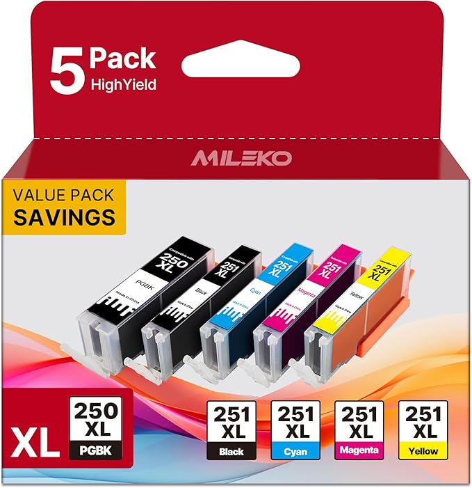 250 251XL Ink Cartridges for Canon Printers for Canon 250 and 251 Ink Cartridges for PIXMA MX922, MG5420, MG5520, MG5522, MG6320, MG6620, iP7220 Printer (5 Pack, PGBK, Black, Cyan, Magenta, Yellow)
