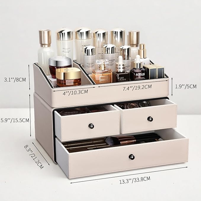 KINGFOM Leather Makeup Organizer with 3 Drawers, 2 Tier Cosmetic Storage Organizer for vanity Dresser Countertop and Bathroom Vanity, Beauty Holder for Lipstick Brush Skincare (Beige)