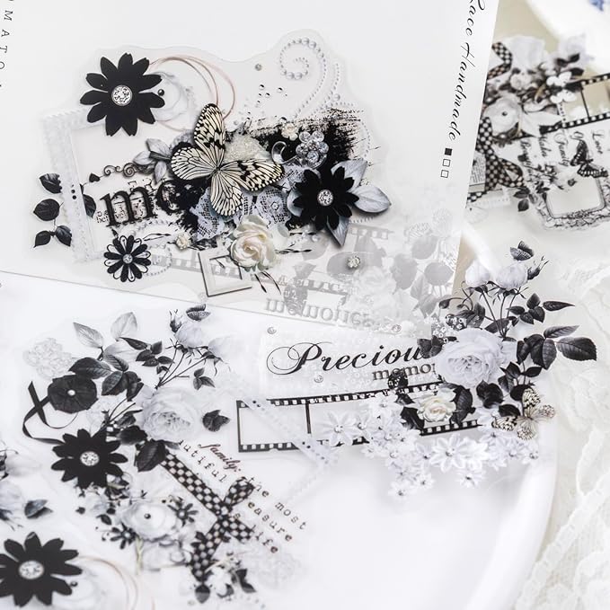 60Pcs Lace PET Stickers, Floral Designs for Scrapbooking DIY Crafts Journaling Supplies Junk Journal Ephemera with Storage Organizer