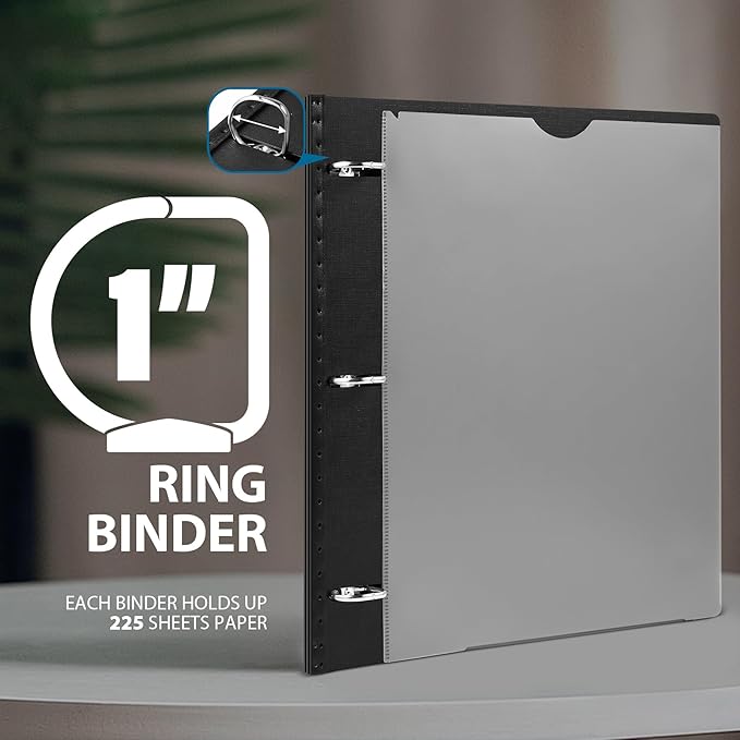 WOT I 1 Inch Telescoping 3 Ring Binder 4 Pack, Expandable Flexible Binder with Customizable Front Cover & Clear Catalog Pocket, Holds 225 Sheets, School Office Supplies, Black