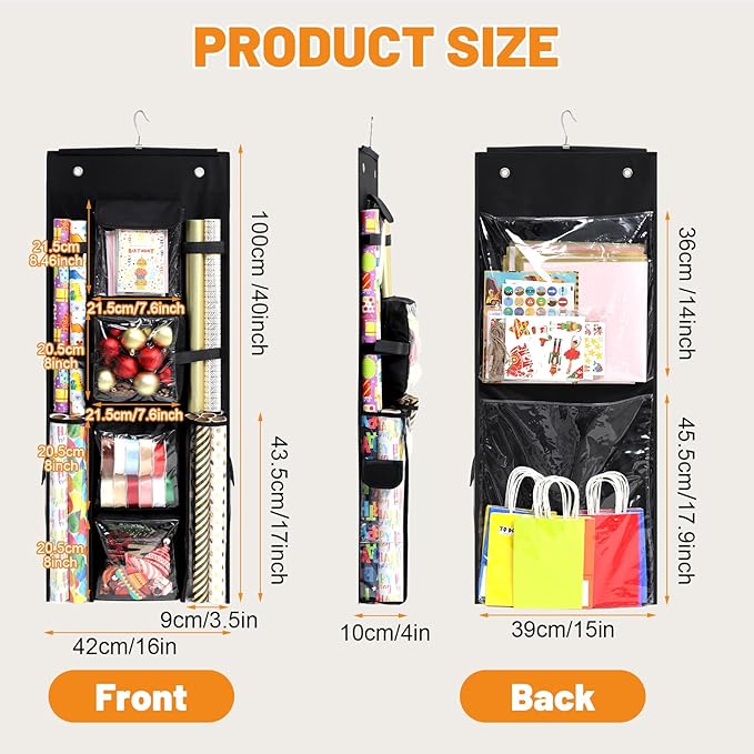 Hanging Gift Wrapping Paper Storage, 40x16 inch Double-Sided Gift Wrap Organizer Christmas Wrapper Paper Container, Craft Roll Organizer Behind The Door Storage Heavy Duty Oxford Gift Bag Holder
